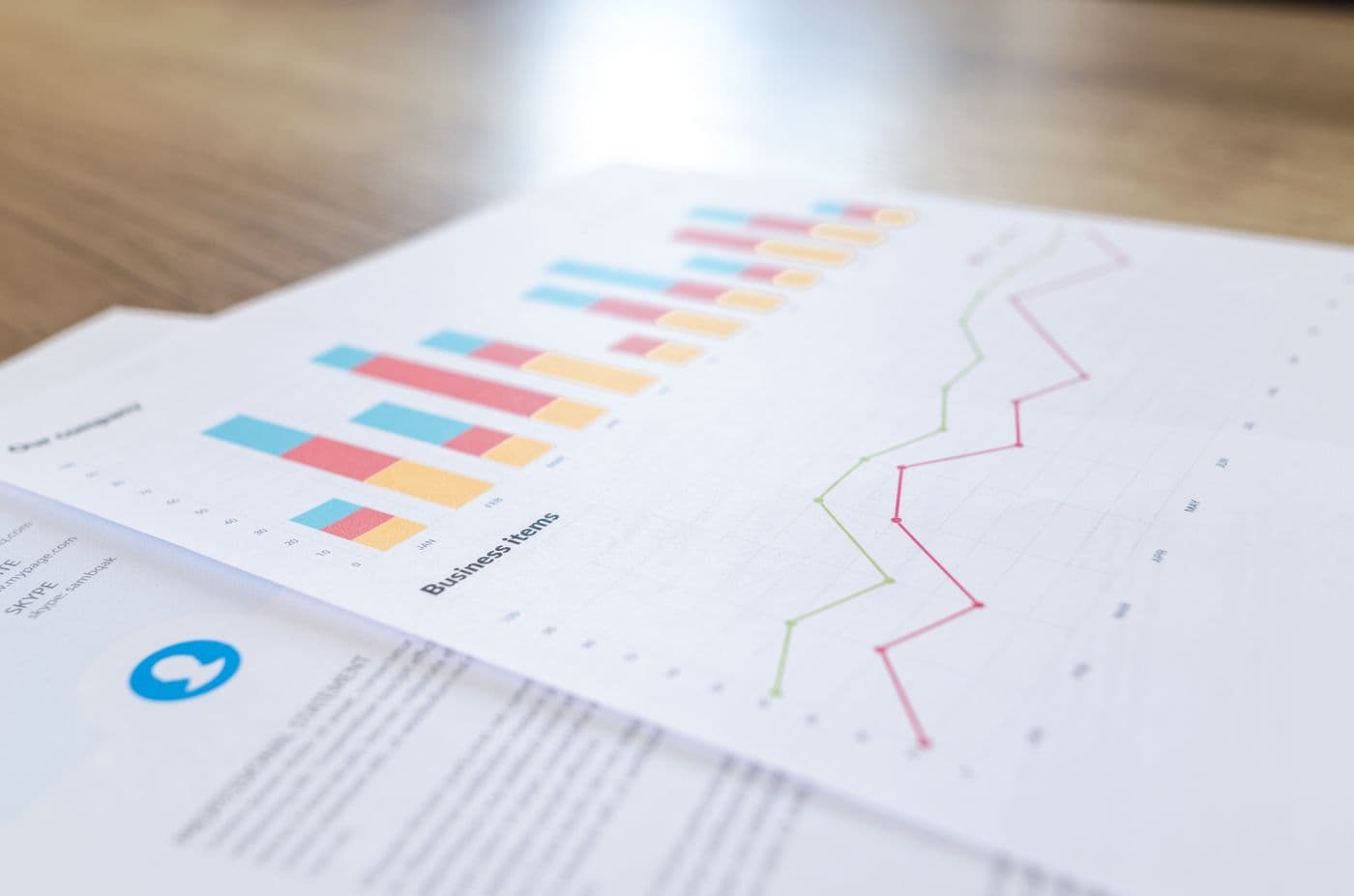 Lembar laporan bisnis berisi grafik batang dan grafik garis berwarna-warni di atas meja kayu